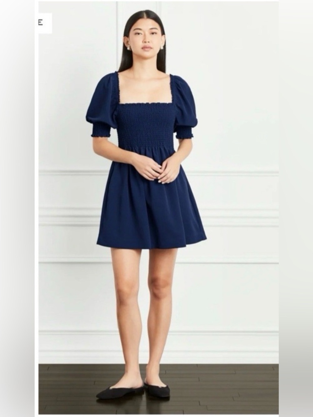Hill House Athena Nap Mini Cotton Navy Puff Sleeve Square Neck Dress S